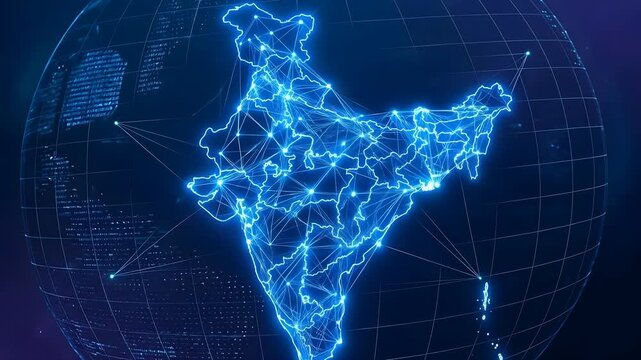 Digital Connectivity Map of India with Glowing Blue Lines Representing Global Network Connections and Data Transfer Lines Illustrating Technological