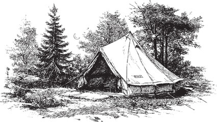 A vector illustration of a canvas camping tent in a forest. A vintage outdoor vector illustration. © PanzaDesign