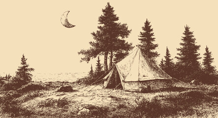 A vector illustration of a canvas camping tent in a forest. A vintage outdoor vector illustration. © PanzaDesign