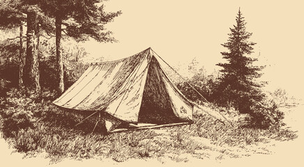 A vector illustration of a canvas camping tent in a forest. A vintage outdoor vector illustration. © PanzaDesign