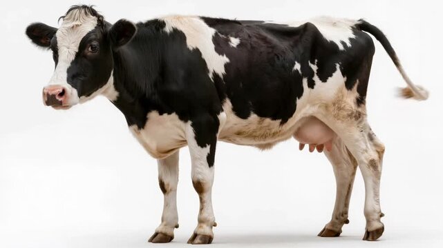 Black and white dairy cow with udder standing isolated on white background representing livestock farming milk production and agricultural industry concept