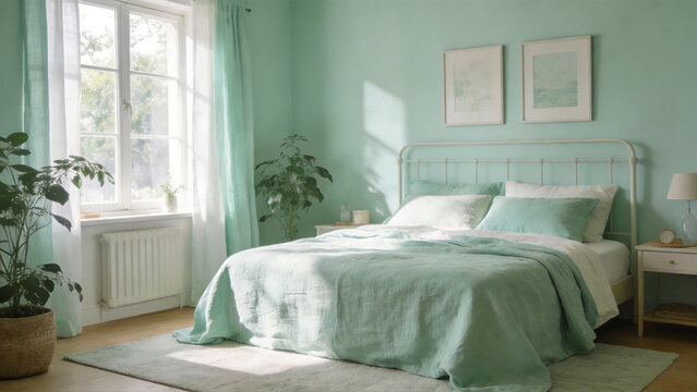 A serene bedroom with mint green walls, a metal bed frame, and natural light streaming through a window.