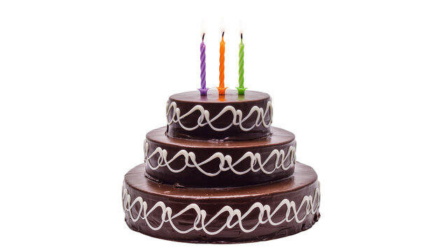 Three-tiered chocolate cake with white frosting swirls three candles, isolated on transparent background