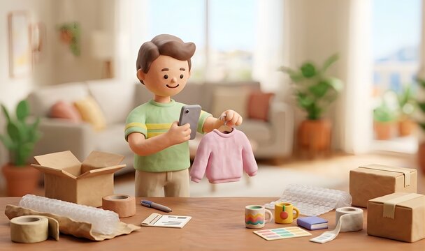 [3D] クレイアニメ風のスマホでフリマアプリの出品と梱包作業（せどり・不用品販売）