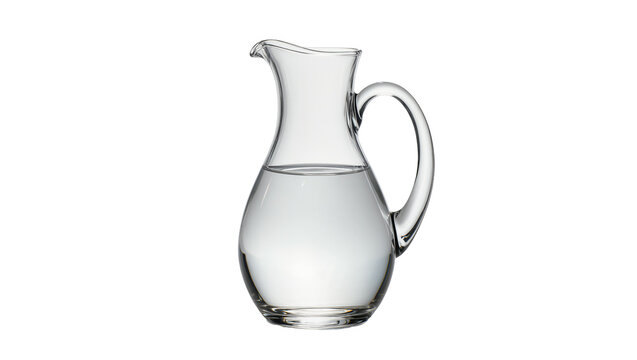 Clear glass pitcher filled with clear liquid, isolated on transparent background