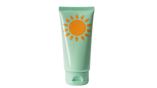 Light green sunscreen tube with orange sun graphic, isolated on transparent background
