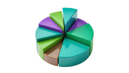 Obraz premium Colorful 3D pie chart segments with varying proportions, isolated on transparent background