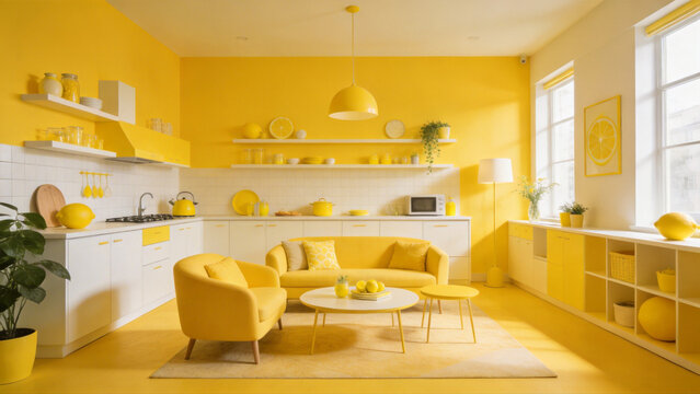 Bright yellow interior of a modern living and kitchen space with matching furniture and decor