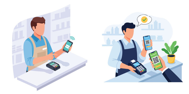 Seamless Transactions: A modern retail transaction showcases the ease of contactless payments, with a focus on quick and secure purchases. 