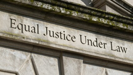 Fototapeta premium Stone Courthouse Facade Reading Equal Justice Under Law, Engraved Motto Above Tall Columns, Weathered Limestone Texture, Classical Pediment And Capitals, Solemn Civic Atmosphere, Symbolizing