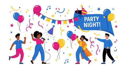 Naklejka premium Diverse People Dancing, Singing, Celebrating at a Fun Party Night with Balloons and Confetti