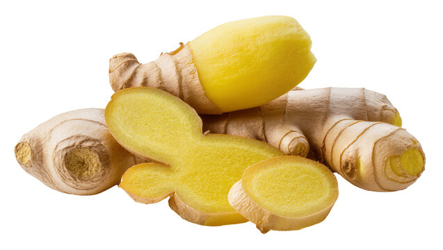 Fresh ginger root pieces and slices, isolated on transparent background