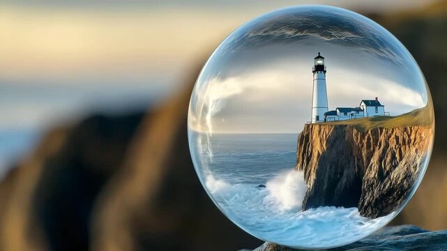 Glass sphere encasing lighthouse on cliff with ocean waves crashing below