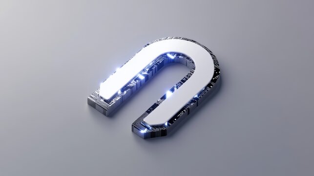 A metallic horseshoe magnet with glowing blue light effects on a neutral background
