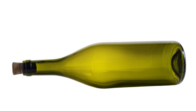 Empty green glass wine bottle with cork stopper, isolated on transparent background