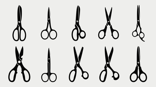 Collection of black scissors silhouettes. Isolated vector icons of tailor, barber, and office shears for craft and professional design