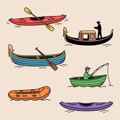 Different types of boats and kayaks, hand drawn water transport illustration, rowing boat and gondola design, fishing boat and inflatable raft, river and lake travel vessels, nautical outdoor adventur © pankaj