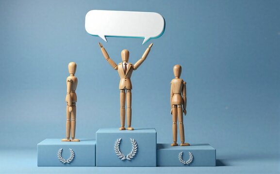 Wooden mannequins on podium winner raises arms with speech bubble