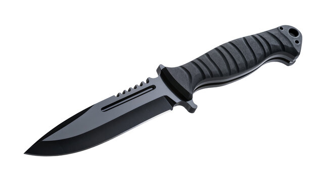 Tactical combat knife with serrated edge and textured grip, isolated on transparent background