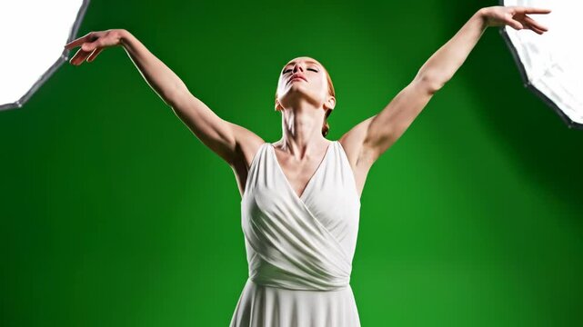 Graceful woman in white dress arms raised against green screen backdrop for chroma key compositing and visual effects
