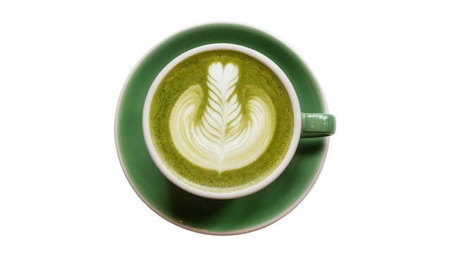 Green matcha latte with foamy latte art in a white cup on a saucer, isolated on transparent background