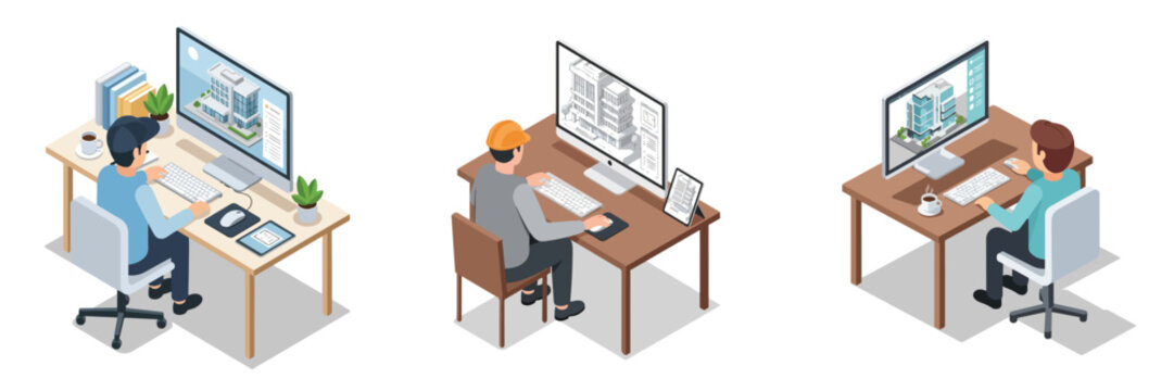 Isometric illustration showcasing architectural and engineering professionals diligently working on construction project blueprints and digital building designs in a modern office setup