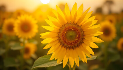 Fototapeta premium Bright Yellow Sunflower Facing Camera in Sunlit Field During Golden Hour