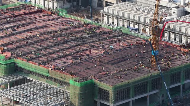 Aerial drone view of a data center under construction in Chonburi, Thailand, showcasing hyperscale AI infrastructure, cloud computing systems, and large scale IT technology development.