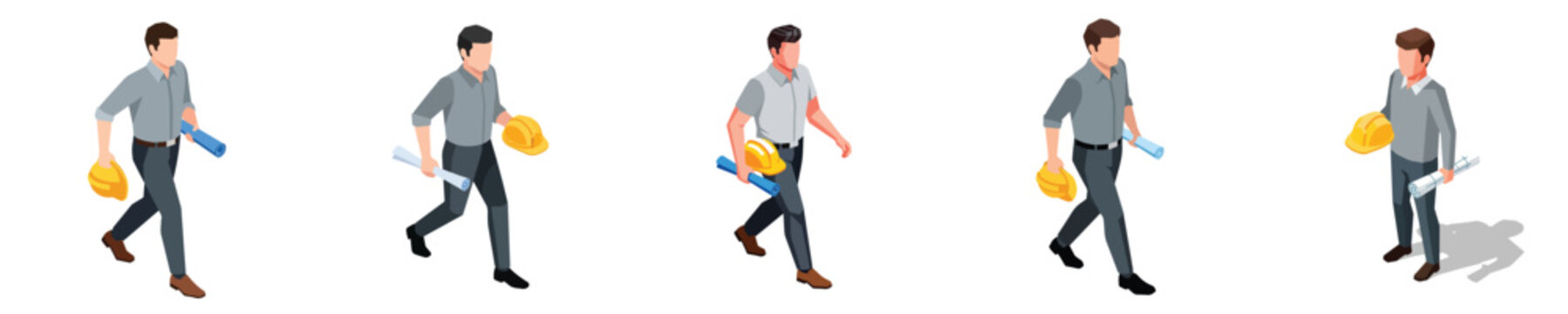 Professional male engineers and architects concept art in isometric style, holding hard hats and construction plans, symbolizing modern building and design