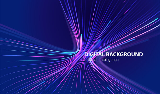 Technology Artificial Intelligence banner with perspective lines. Ai big data stream lines waves on blue background. Futuristic network connect vector fast blurred design.