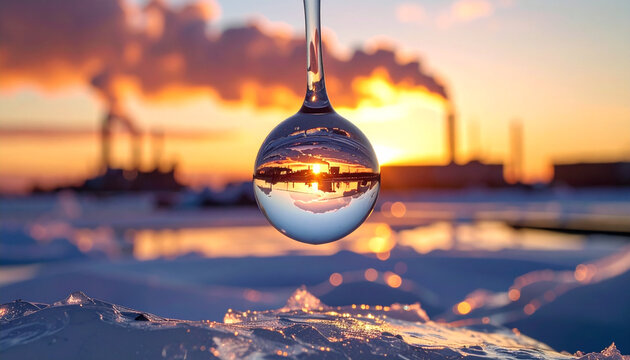 Water droplet reflects industrial landscape during a vibrant sunset