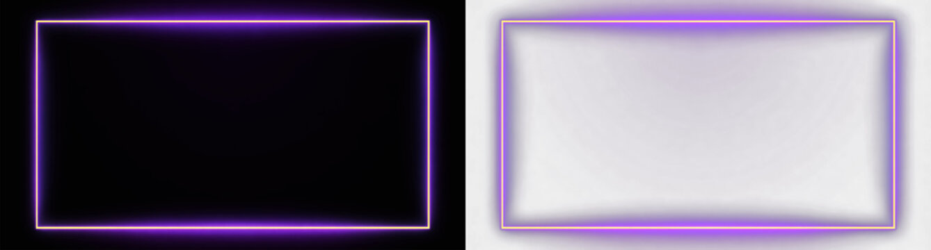 Purple neon rectangle frame with glowing light effect for banner or product presentation 