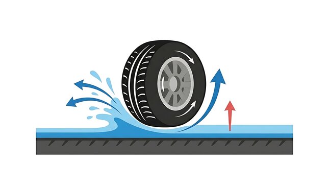 Technical illustration of a car tire on a wet road surface showing water displacement and hydroplaning safety mechanics.