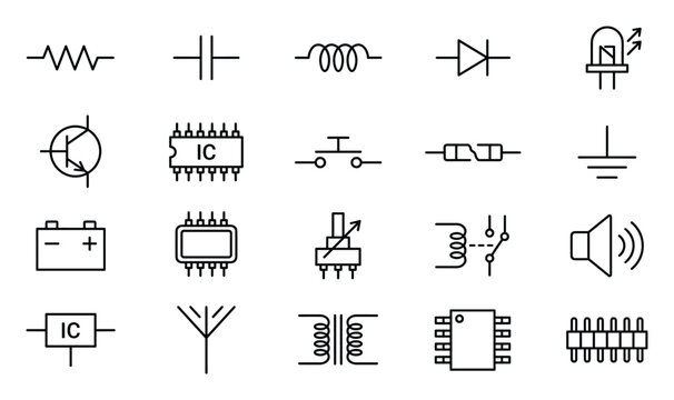 Collection of electronic component schematic symbols for circuit diagrams and design