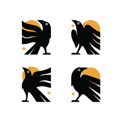 Naklejka premium Four stylized black raven birds with orange sun accents