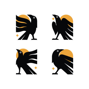Four stylized black raven birds with orange sun accents