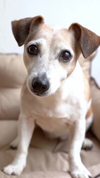 Smart eyes dog elderly Jack Russell terrier sitting on bed sofa eating chewing a piece of apple. Vertical video footage. Adorable pet snacking impatient anticipation