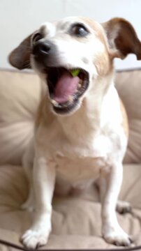 Dog Jack Russell terrier sitting on bed sofa eating chewing a piece of apple. Vertical video footage. Adorable pet snacking chews with pleasure appetite