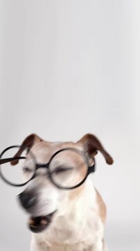 Funny Dog in round glasses looking at camera. sitting on white background studio vertical video footage 9:16. happy pet wearing glasses curious eyes. Older grey haired Jack Russell terrier. empty copy