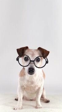 Dog in round glasses looking at camera. sitting on white background studio vertical video footage 9:16. Cute pet wearing glasses curious eyes. Older grey haired Jack Russell terrier. empty copy space 