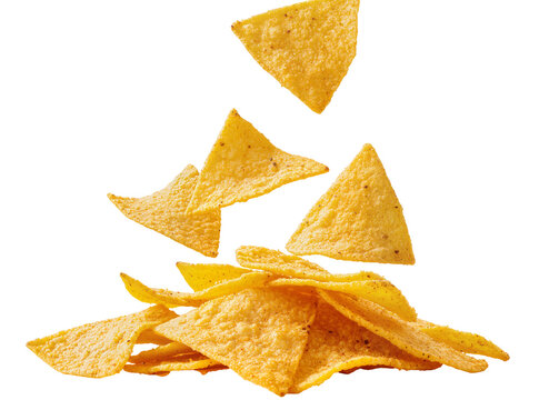 Golden crispy corn tortilla chips falling and stacked in a delicious pile, isolated PNG on transparent background, perfect for snack food advertising