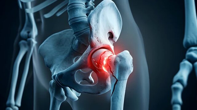 Detailed 3D Medical Illustration of a Human Hip Joint Showing a Femoral Neck Fracture With Intense Red Pain Indicators Against a Dark Gradient