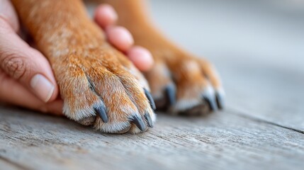 Two dog paws are cradled in a human hand on a wooden surface. Natural light creates soft shadows around them