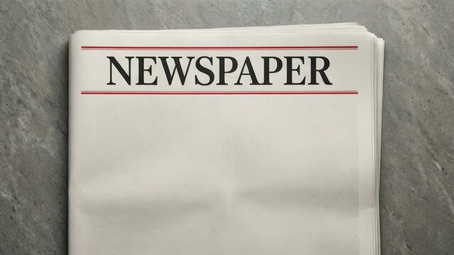 Minimalist flat lay mockup of a blank newspaper front page on gray stone background, clean editorial layout with copy space and newsprint texture

