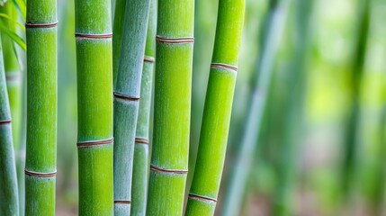 Bamboo stalks grow tall in a vertical pattern, showcasing bright green color and smooth texture against a simple backdrop for design use