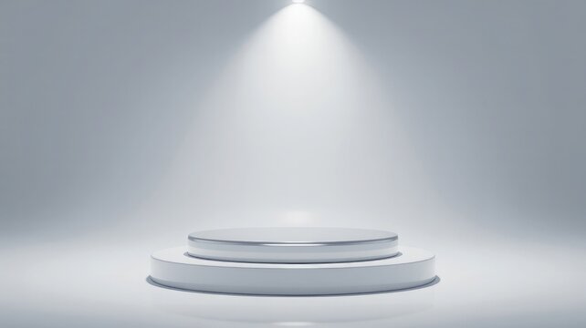 Empty circular product display podium with spotlight on a light grey background