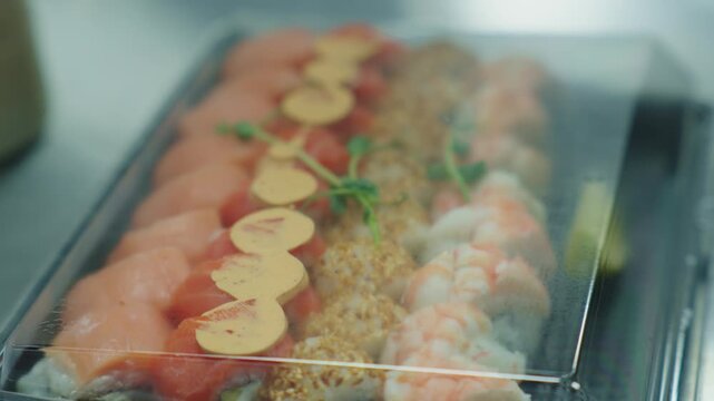 Sushi set. Japanese food. Different types of sushi beautifully arranged in plastic packaging. Different sushi in the set. Colorful colors and flavors.