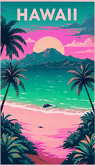 Obraz premium Vector vintage travel poster, turquoise ocean, palm trees, golden beach, sunset sky, volcanic mountains, Diamond Head silhouette, flat clean lines, warm retro colors; top text “HAWAII” bold uppercase,