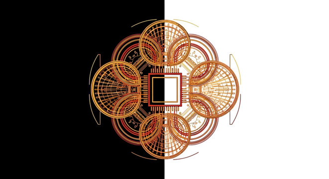 Geometric abstract design with orange patterns.