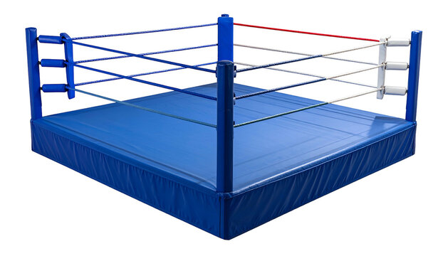 Boxing ring blue platform, white ropes, corner pads